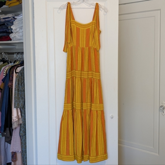 None Dresses & Skirts - Sunny Sriped Viscose Yellow Orange Maxi Dress Tie Straps Small